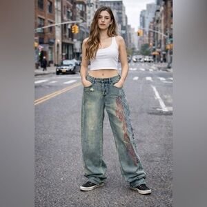 Embroidered Jeans Oversized Baggy Y2K skater rocker vibes fit 2 4 6 8 blue